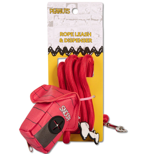 Red rope dog leash with a Snoopy doghouse shaped waste bag dispenser attached.-2