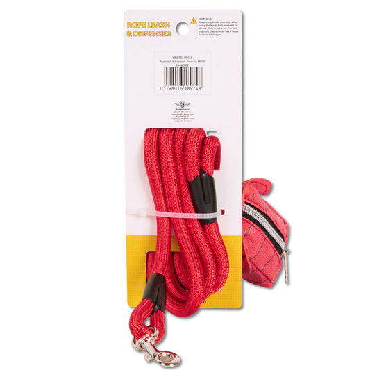 Red rope dog leash with a Snoopy doghouse shaped waste bag dispenser attached.-3