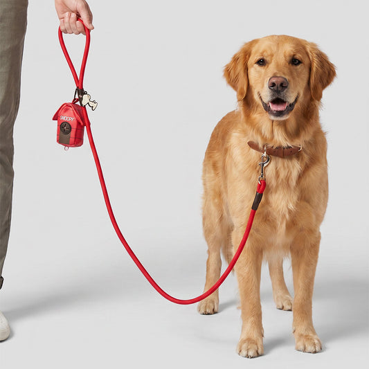 Red rope dog leash with a Snoopy doghouse shaped waste bag dispenser attached.-4