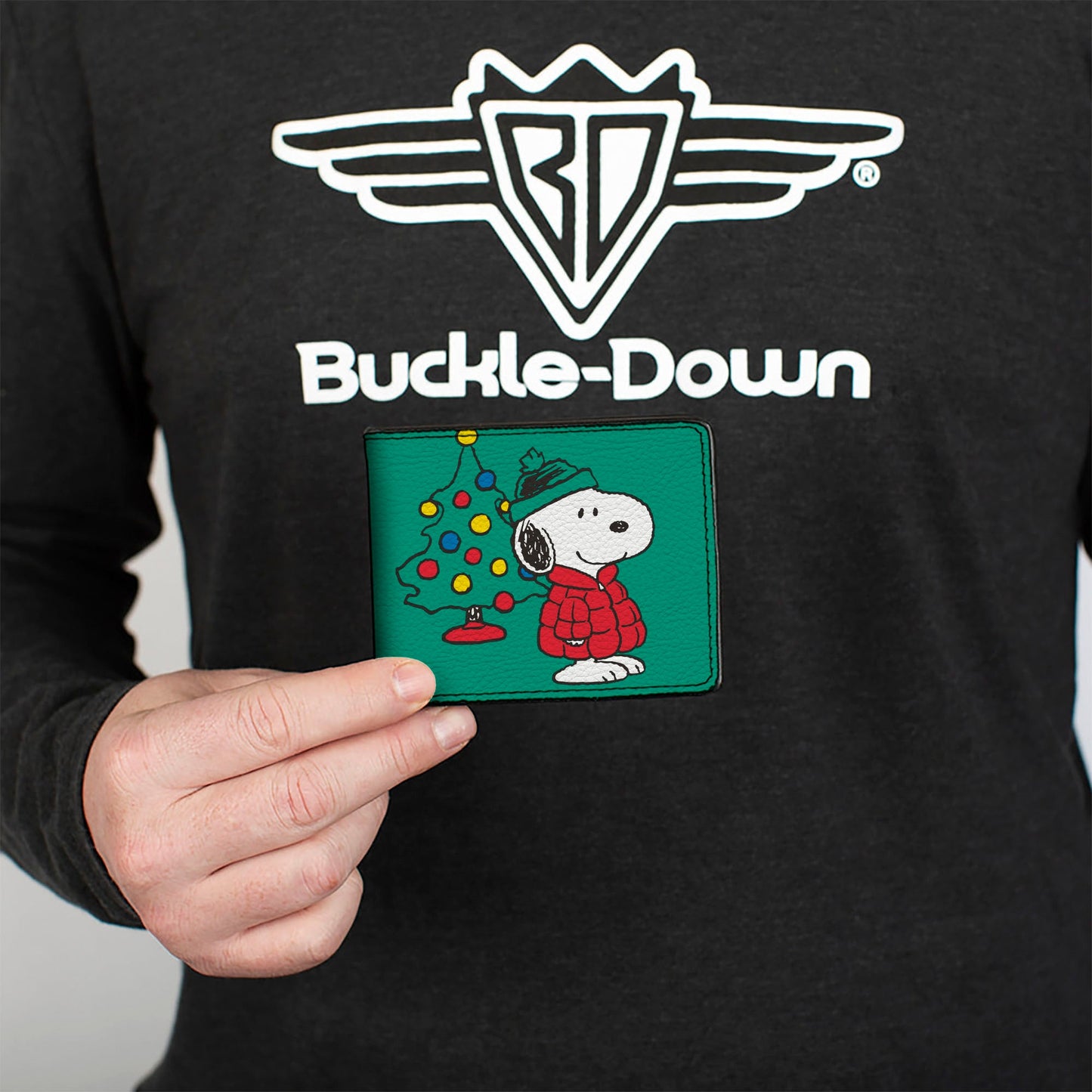 Bi-Fold Wallet - Snoopy and Woodstock Holiday Red Puffer Jacket Pose Green