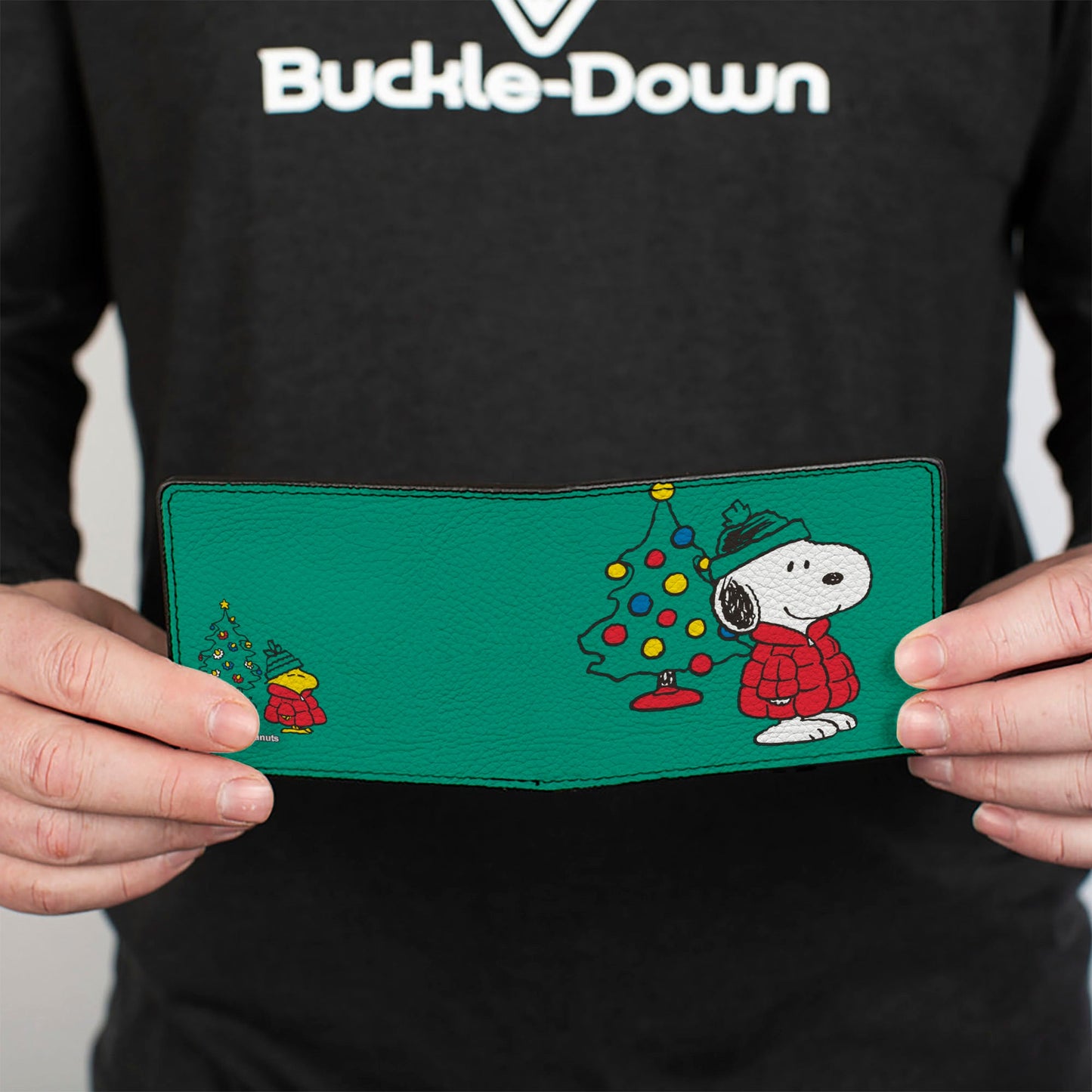 Bi-Fold Wallet - Snoopy and Woodstock Holiday Red Puffer Jacket Pose Green