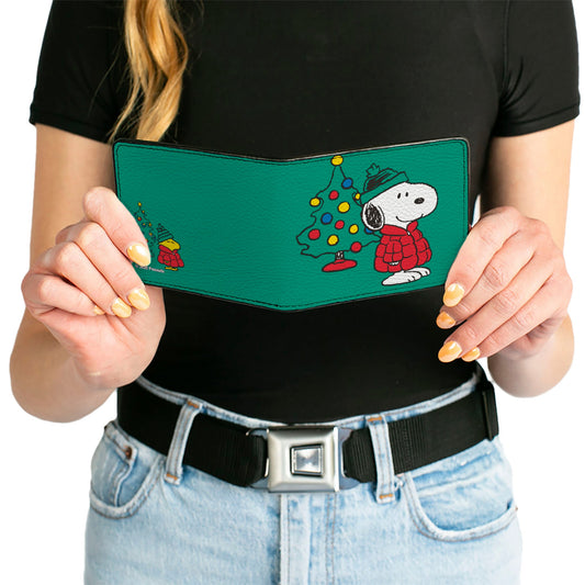 Bi-Fold Wallet - Snoopy and Woodstock Holiday Red Puffer Jacket Pose Green-6