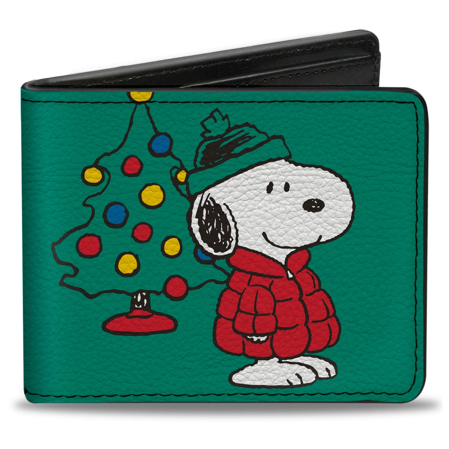 Bi-Fold Wallet - Snoopy and Woodstock Holiday Red Puffer Jacket Pose Green