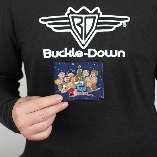 Peanuts Bi-Fold Wallet showing group pose from A Charlie Brown Christmas on blue and white background-2