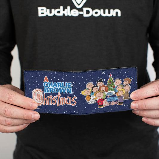 Peanuts Bi-Fold Wallet showing group pose from A Charlie Brown Christmas on blue and white background-3