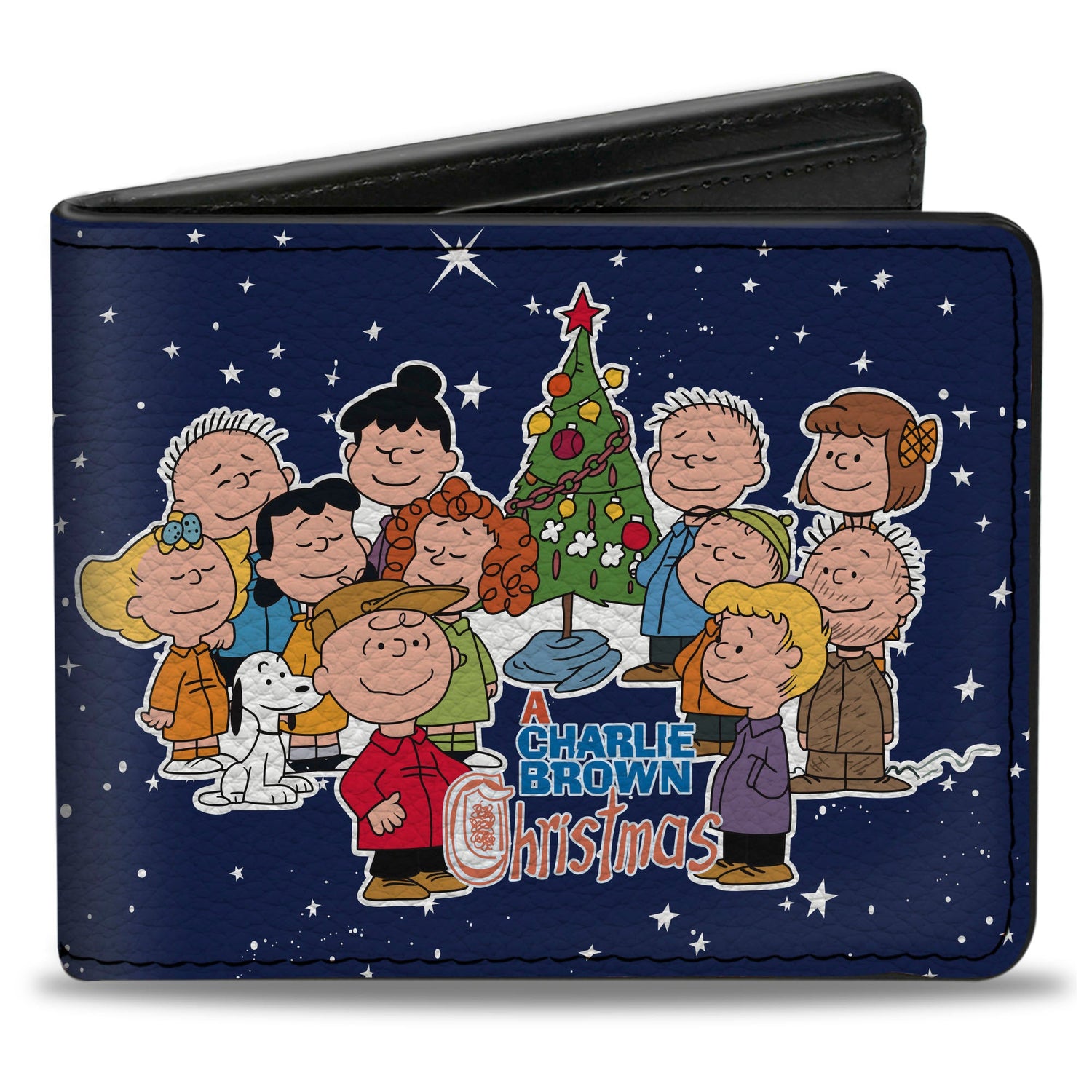 Peanuts Bi-Fold Wallet showing group pose from A Charlie Brown Christmas on blue and white background