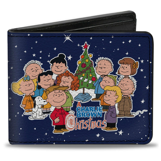 Peanuts Bi-Fold Wallet showing group pose from A Charlie Brown Christmas on blue and white background-0