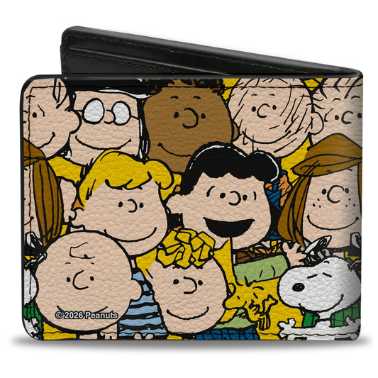Closed exterior of the black vegan leather bi-fold wallet featuring stacked Peanuts character faces-1