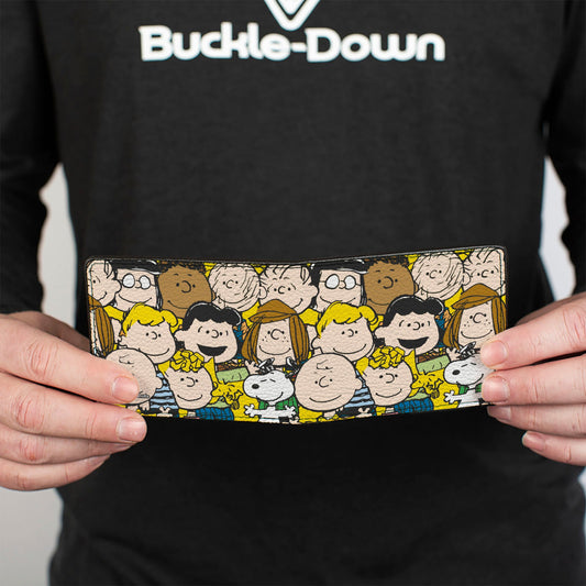 Closed exterior of the black vegan leather bi-fold wallet featuring stacked Peanuts character faces-3
