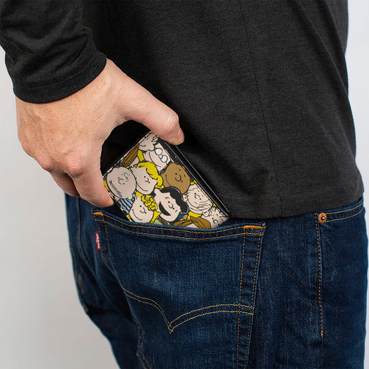 Closed exterior of the black vegan leather bi-fold wallet featuring stacked Peanuts character faces-4