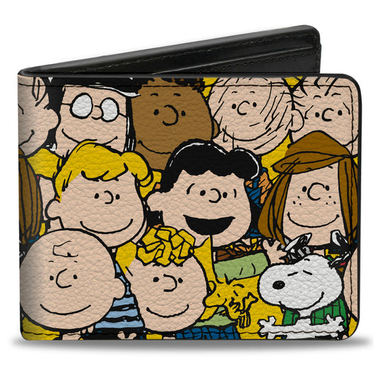 Closed exterior of the black vegan leather bi-fold wallet featuring stacked Peanuts character faces-0