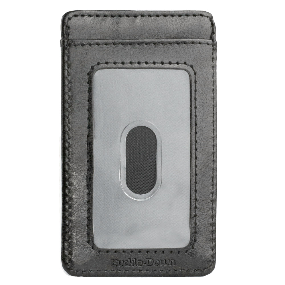 Side view showing the slim, minimalist profile of the Buckle-Down ID wallet.