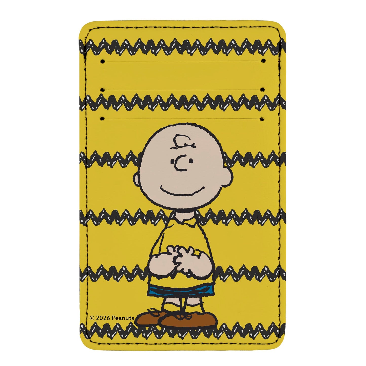 Charlie Brown in a standing pose on a yellow ID wallet with a black zig-zag stripe.
