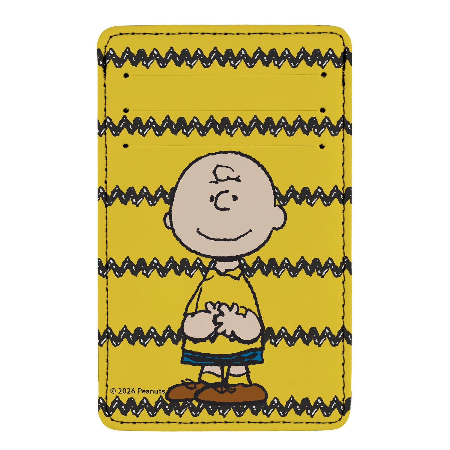 Charlie Brown in a standing pose on a yellow ID wallet with a black zig-zag stripe.
