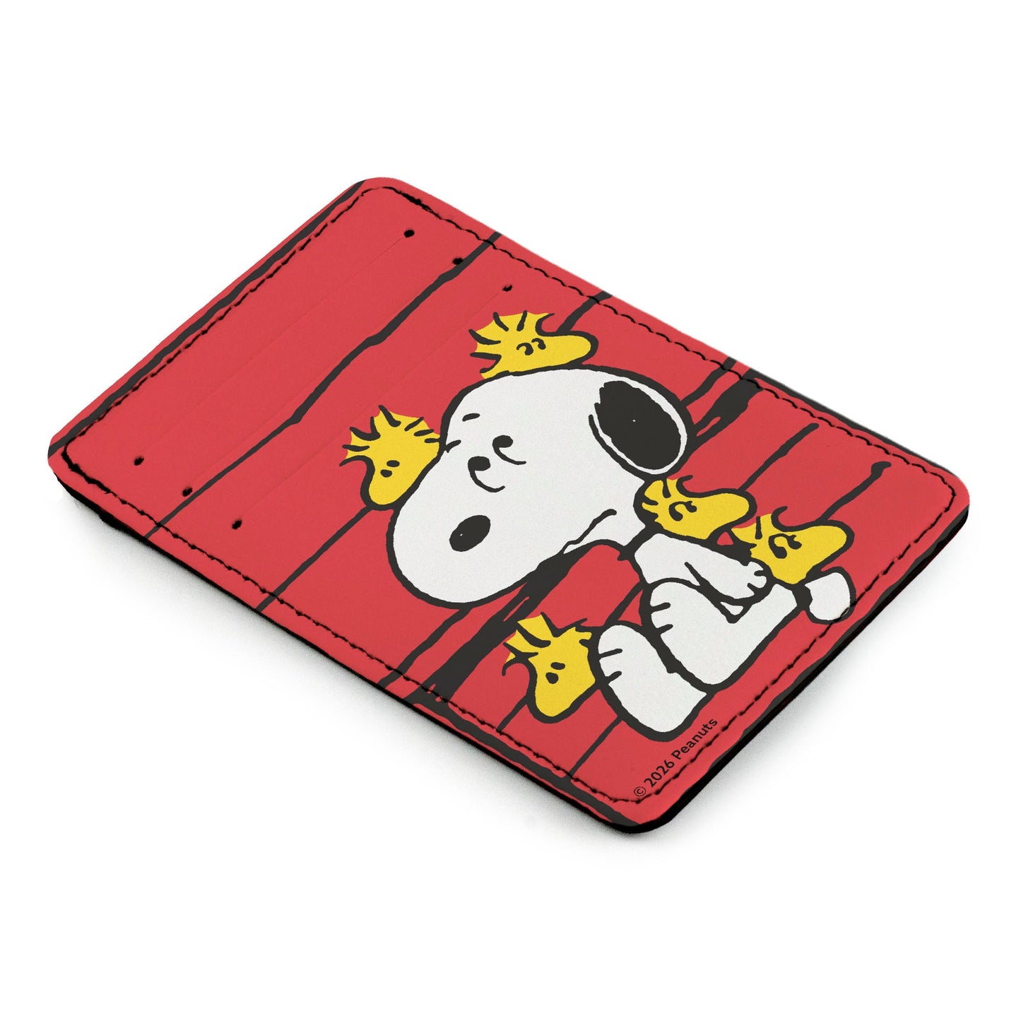 Front view of the Peanuts card holder with three card slots and full-color Snoopy artwork.