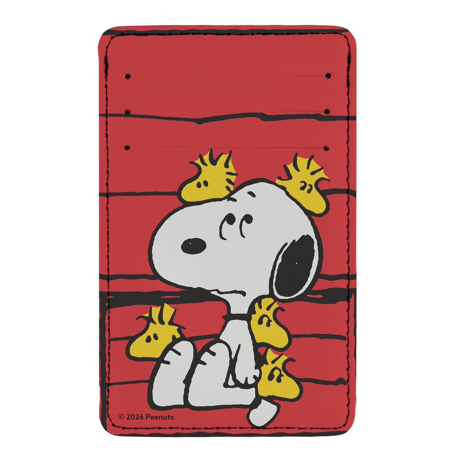 Slim red and black Peanuts ID wallet showing Snoopy and Woodstock in various poses.