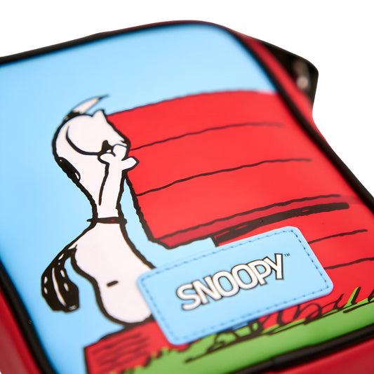 Light blue vegan leather crossbody bag featuring Snoopy relaxing on his red doghouse in various poses-2