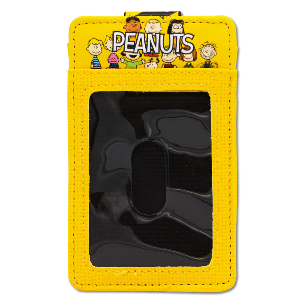 Front view of Peanuts ID card wallet showing seven characters and snap closure
