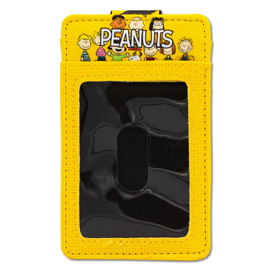 Peanuts yellow vegan leather wallet featuring a group pose of Charlie Brown, Snoopy, and the gang-1