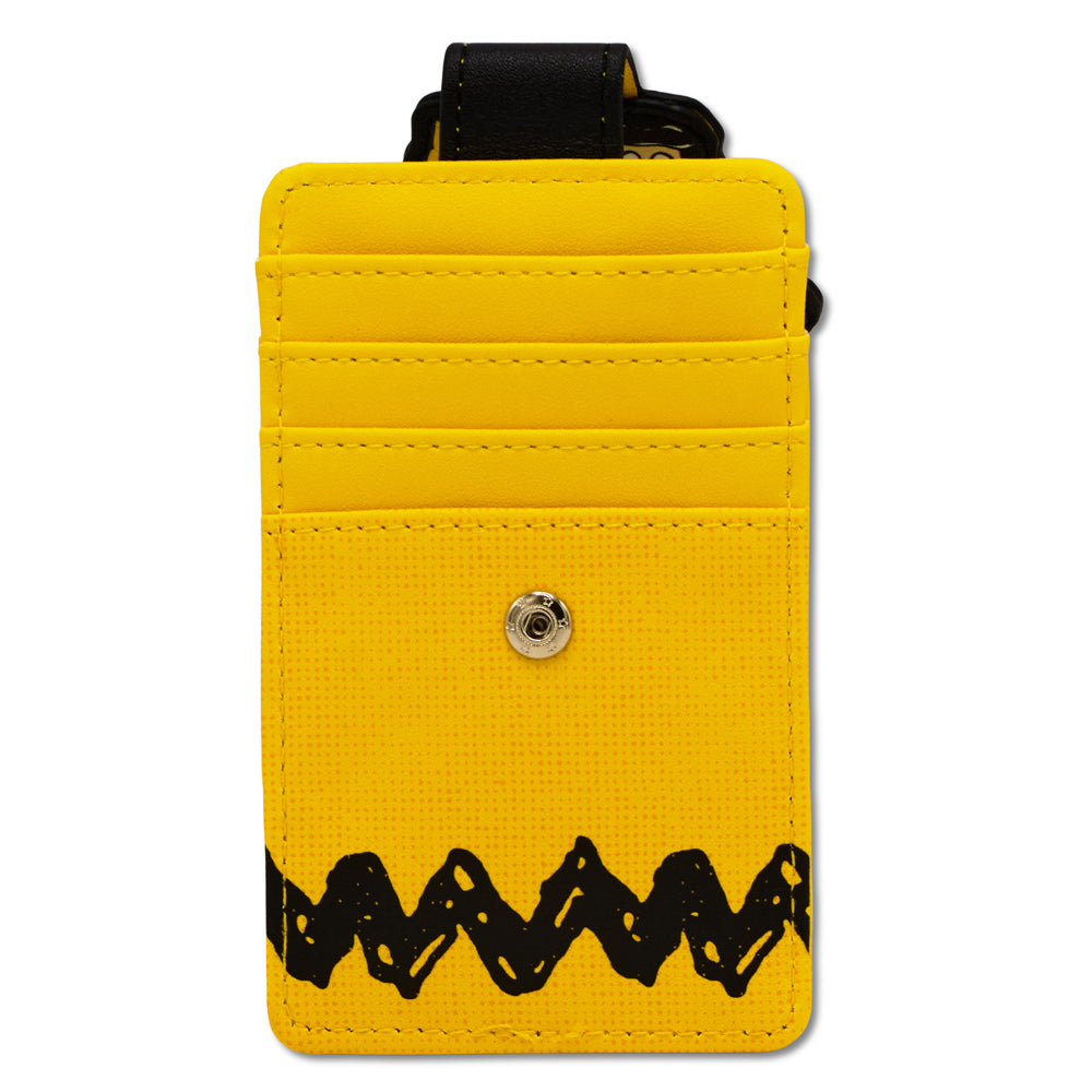 Interior view of yellow Peanuts wallet with 4 card slots and windowed ID holder