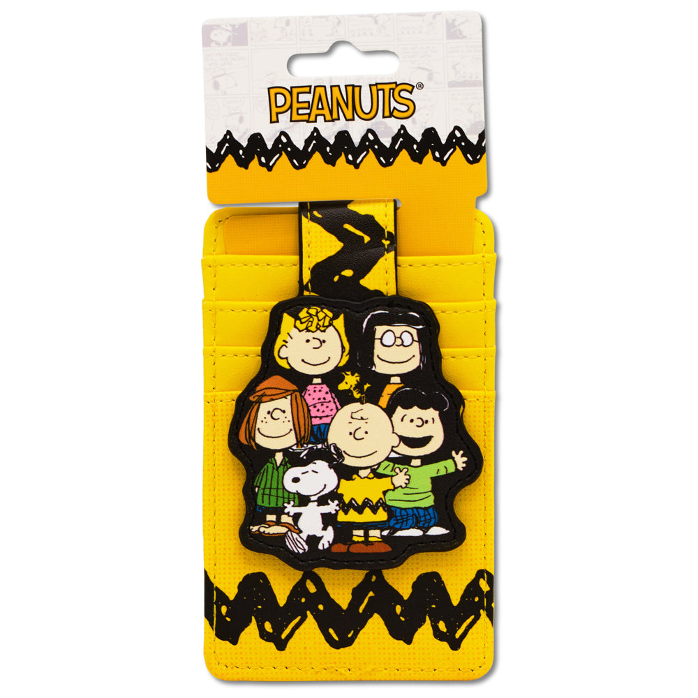 Back view of Peanuts vegan leather card holder in bright yellow