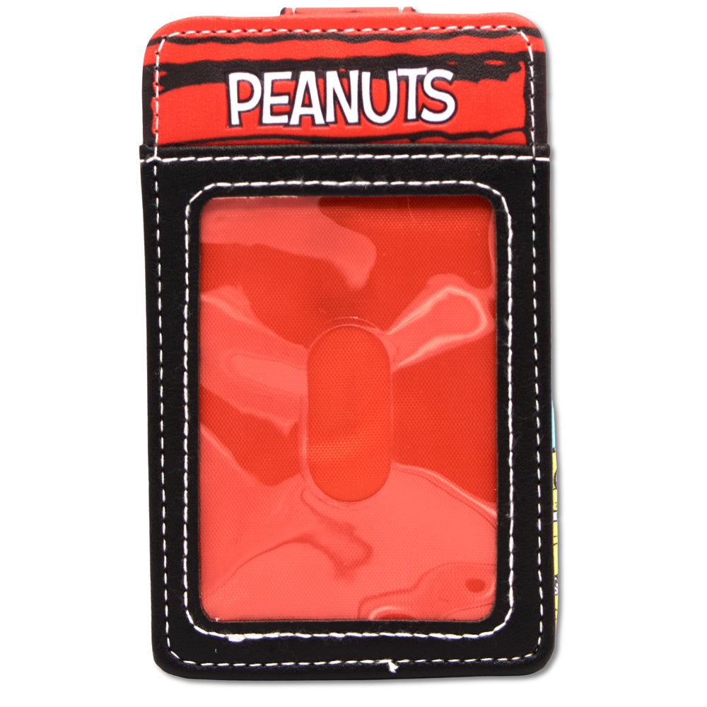 Close up of the four credit card slots and the snap closure on the Peanuts wallet.