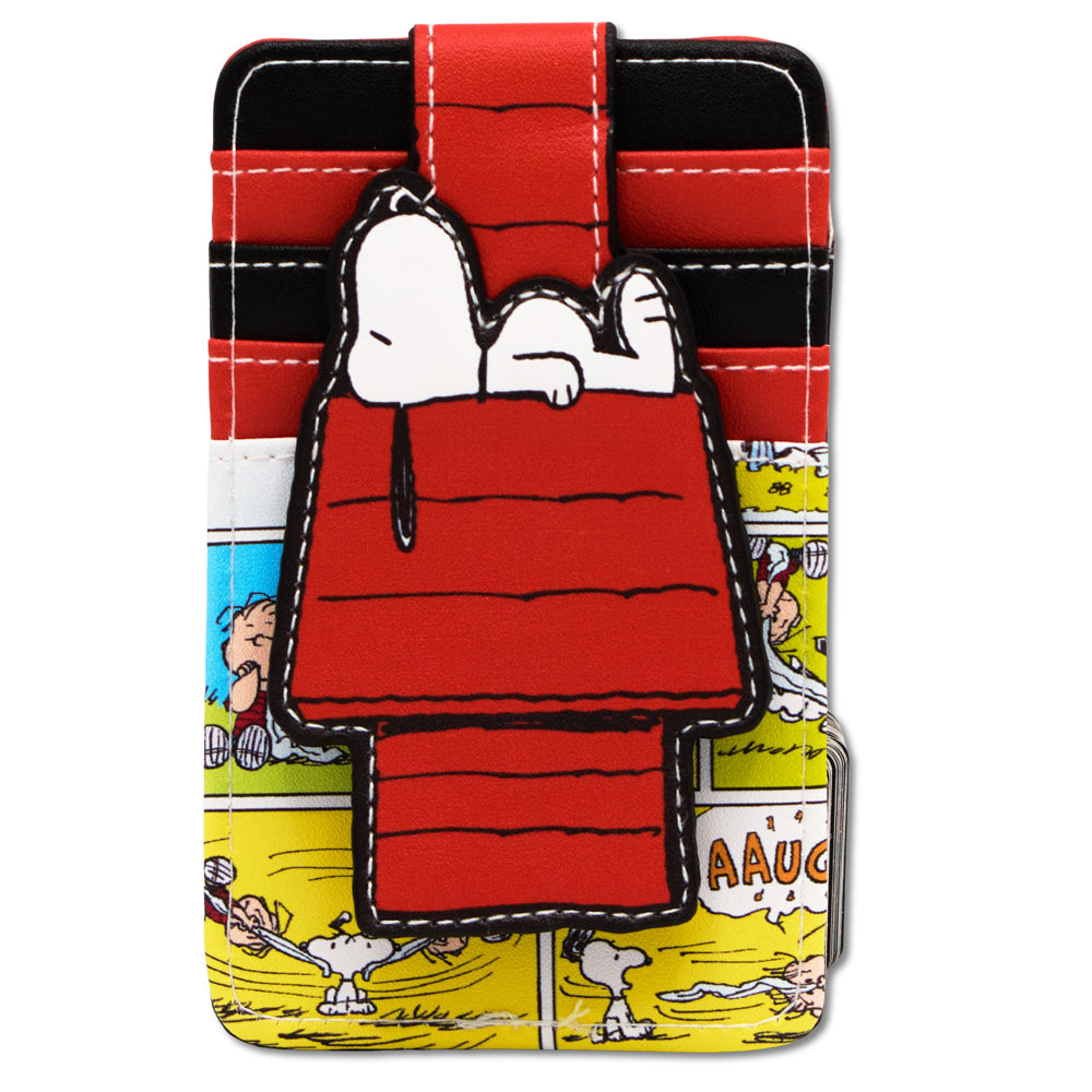 Snoopy sleeping on top of his red dog house printed on a black vegan leather ID card wallet.