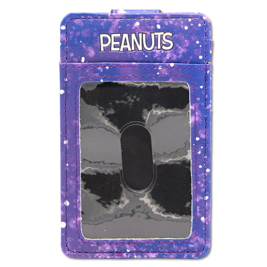Peanuts ID card wallet featuring Astronaut Snoopy on blue vegan leather.-1