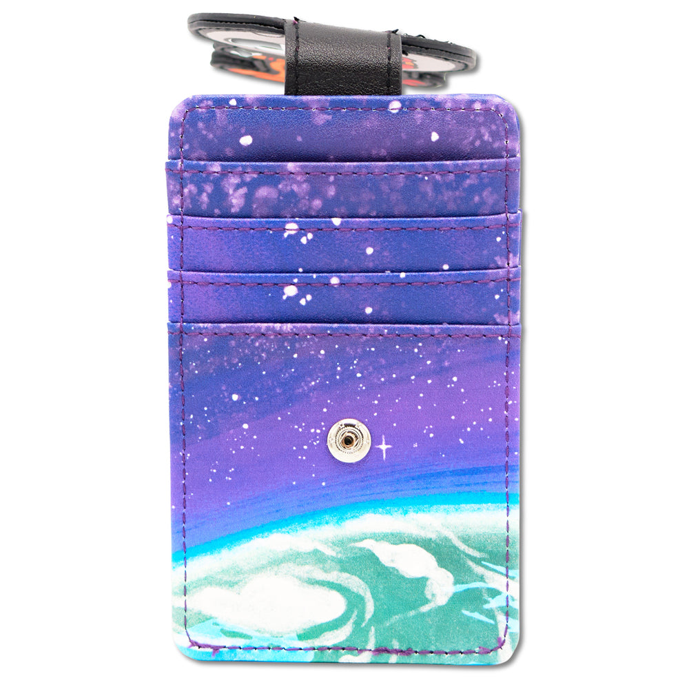 Back view of the blue Peanuts ID card wallet with clear windowed holder.