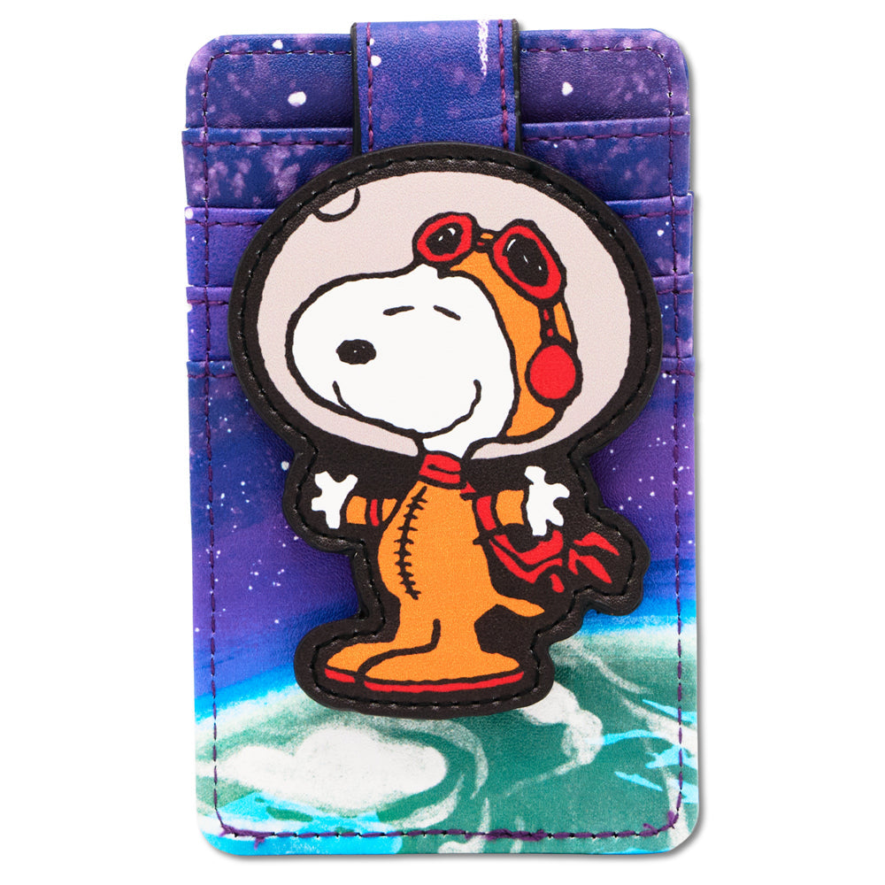 Peanuts ID card wallet featuring Astronaut Snoopy on blue vegan leather.