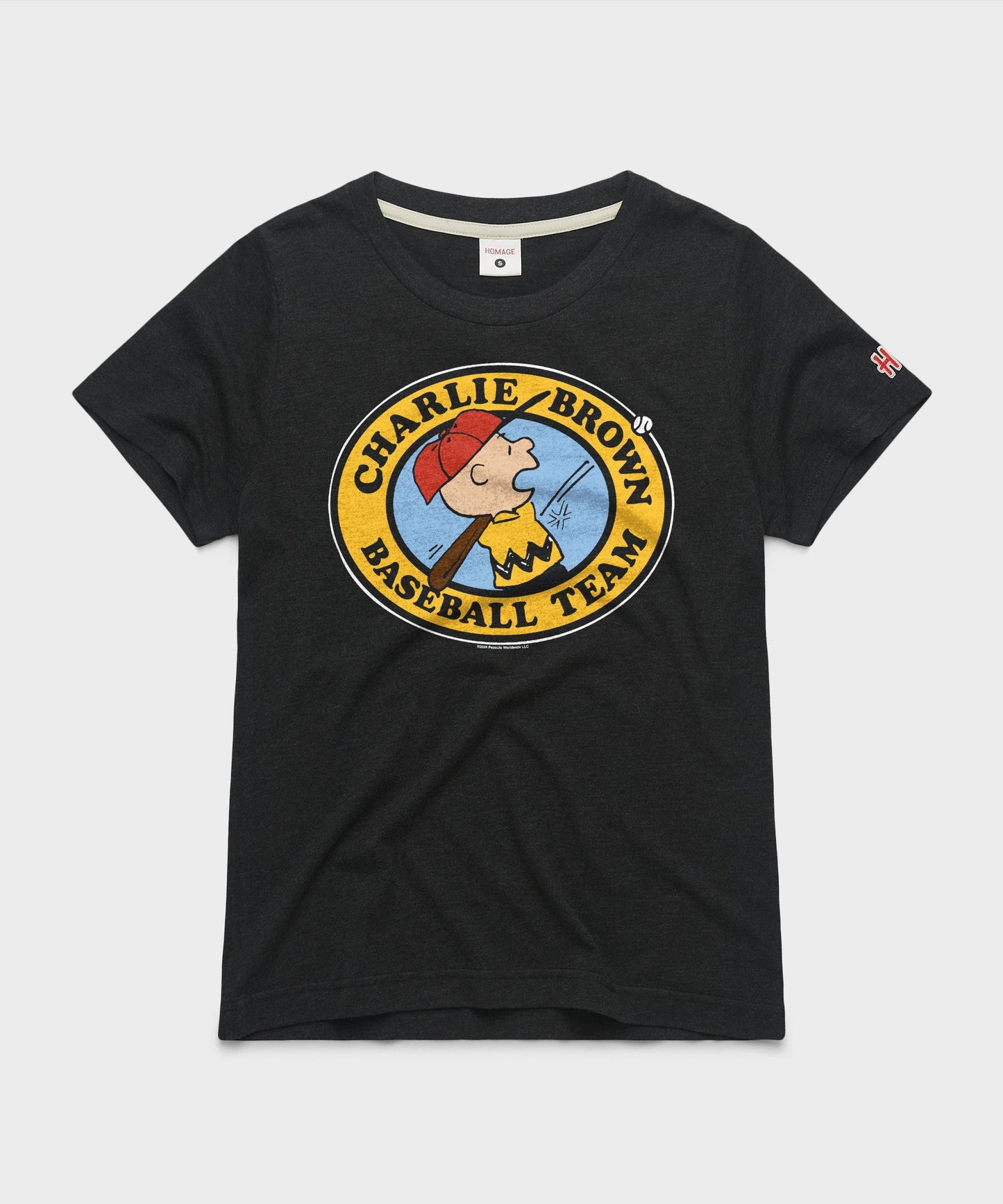 Charcoal women's t-shirt featuring Charlie Brown and his baseball team graphic across the chest