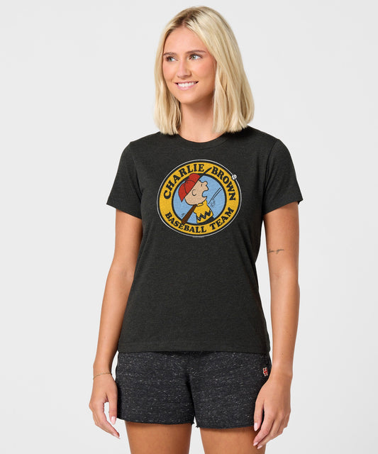 Charcoal women's t-shirt featuring Charlie Brown and his baseball team graphic across the chest-2