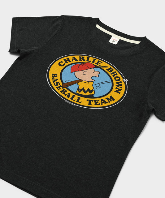 Charcoal women's t-shirt featuring Charlie Brown and his baseball team graphic across the chest-1