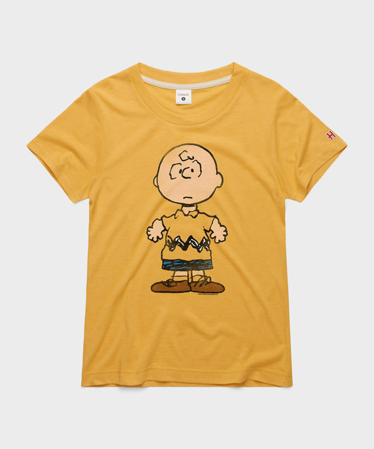 Gold women's t-shirt featuring a vintage graphic of Charlie Brown centered on the front-0