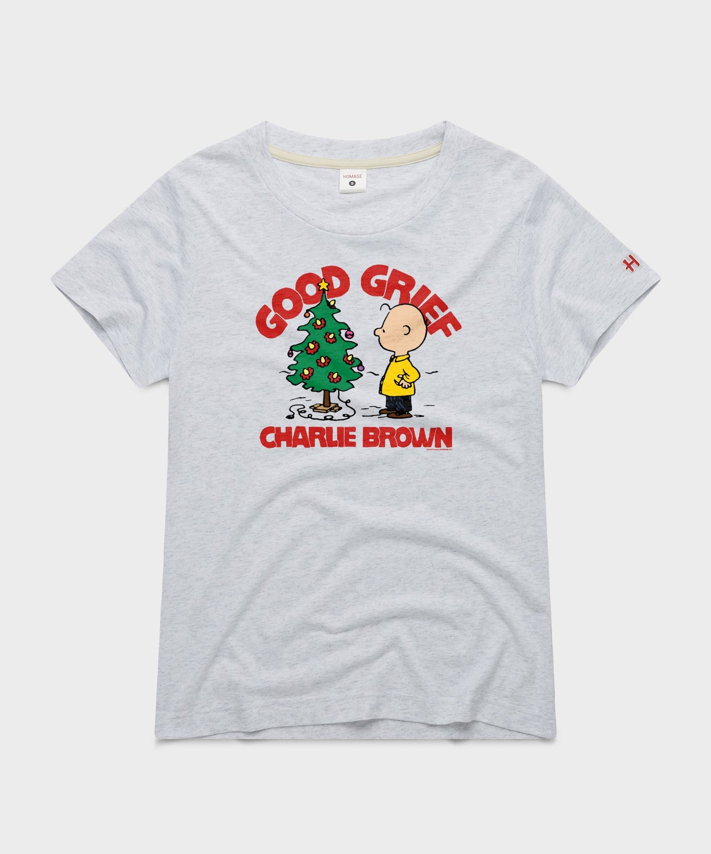 Ash women's t-shirt featuring a vintage Charlie Brown Christmas graphic centered on the front chest
