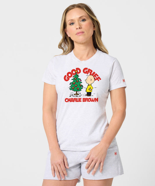 Ash women's t-shirt featuring a vintage Charlie Brown Christmas graphic centered on the front chest-2