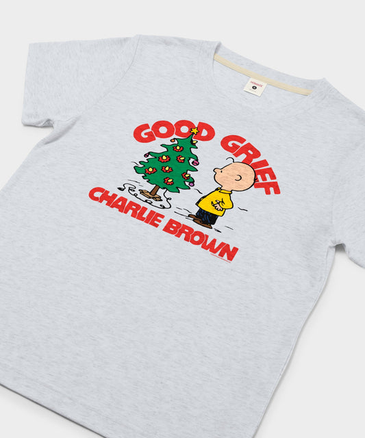 Ash women's t-shirt featuring a vintage Charlie Brown Christmas graphic centered on the front chest-1