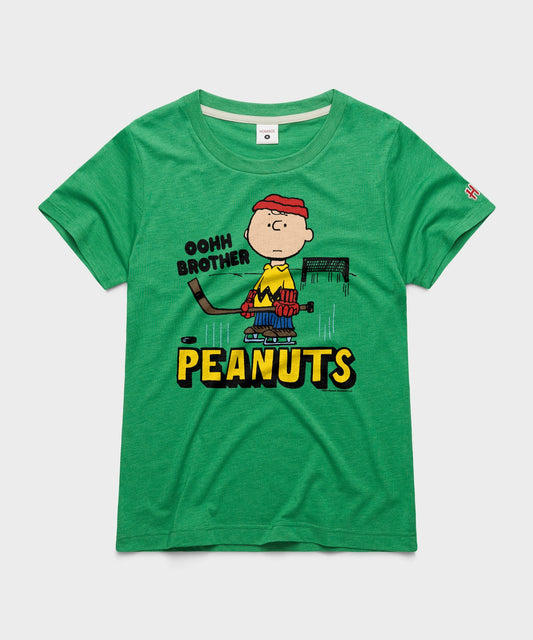 Green women's crewneck t-shirt with a vintage Charlie Brown skating graphic centered on the chest-0