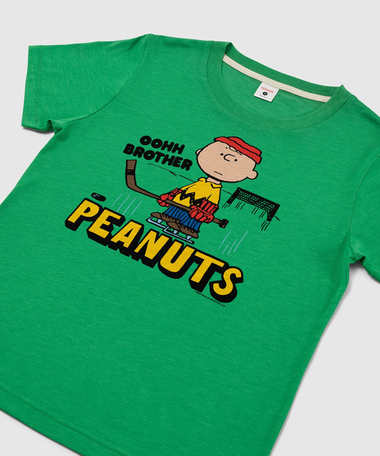 Green women's crewneck t-shirt with a vintage Charlie Brown skating graphic centered on the chest-1