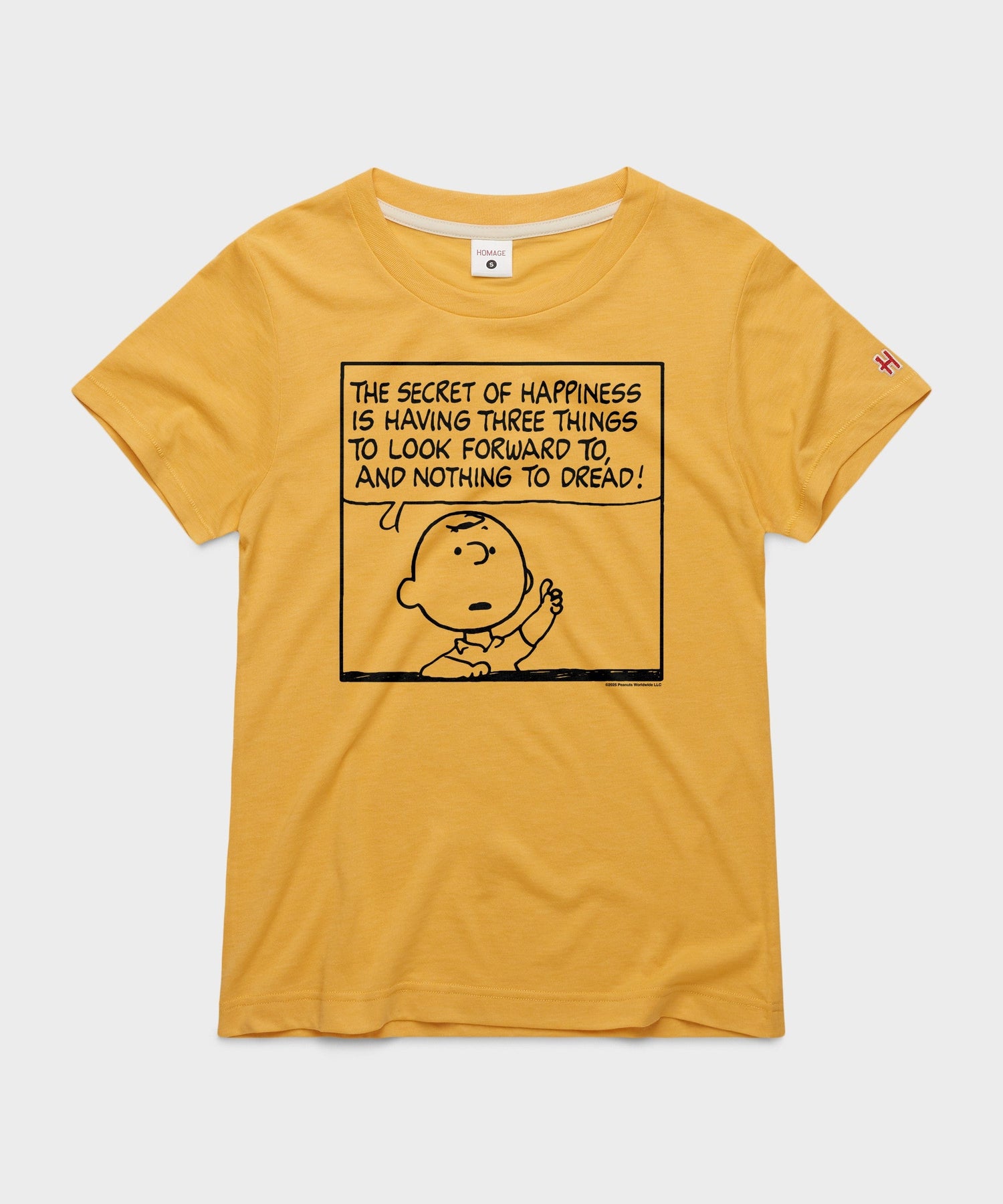 Gold women's t-shirt featuring Charlie Brown and text on the front chest