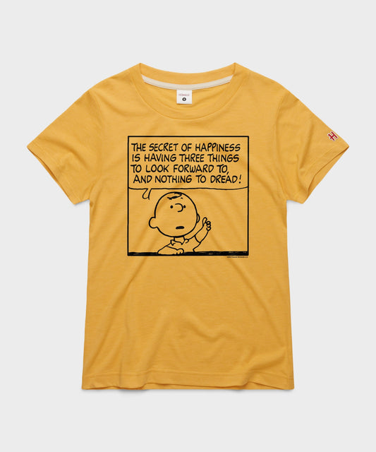 Gold women's t-shirt featuring Charlie Brown and text on the front chest-0