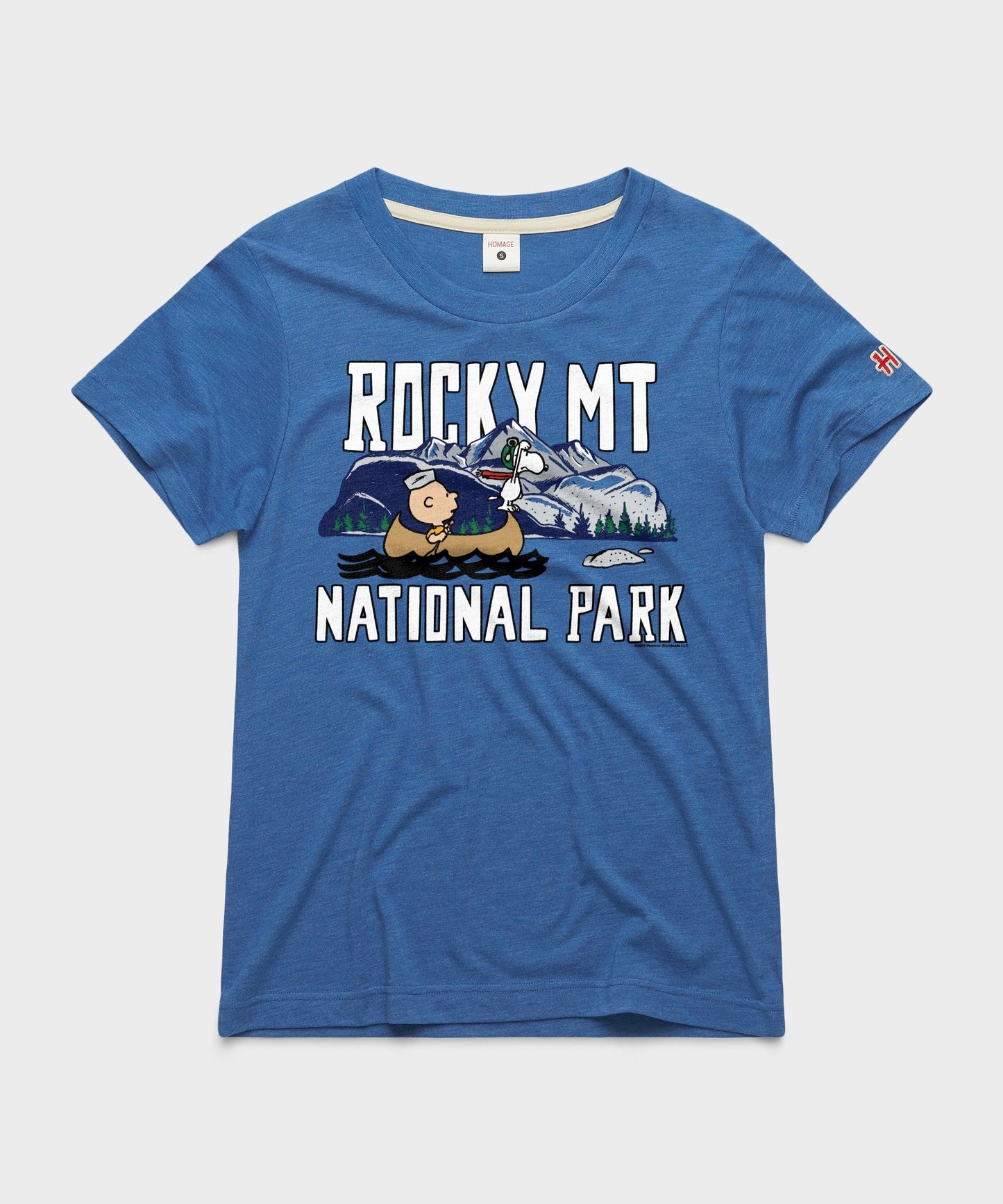Royal blue women's t-shirt featuring Charlie Brown and Rocky Mountain artwork centered on the chest