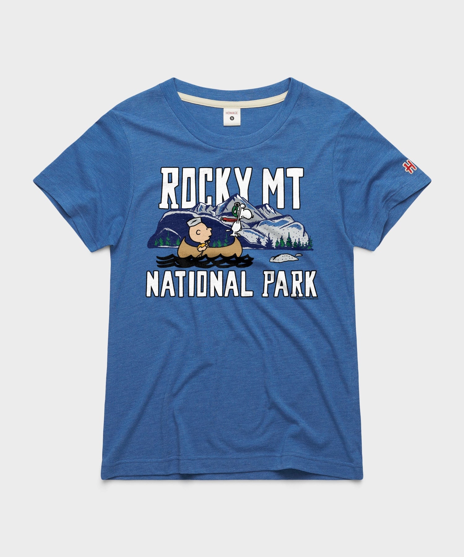 Royal blue women's t-shirt featuring Charlie Brown and Rocky Mountain artwork centered on the chest