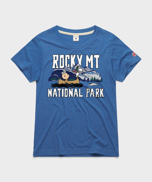 Royal blue women's t-shirt featuring Charlie Brown and Rocky Mountain National Park graphic on the front-0