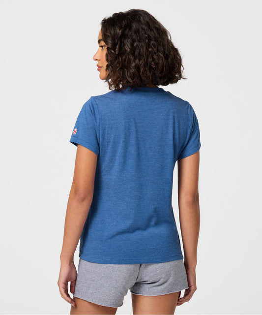 Royal blue women's t-shirt featuring Charlie Brown and Rocky Mountain National Park graphic on the front-3
