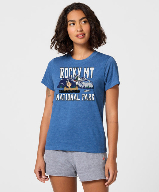 Royal blue women's t-shirt featuring Charlie Brown and Rocky Mountain National Park graphic on the front-2