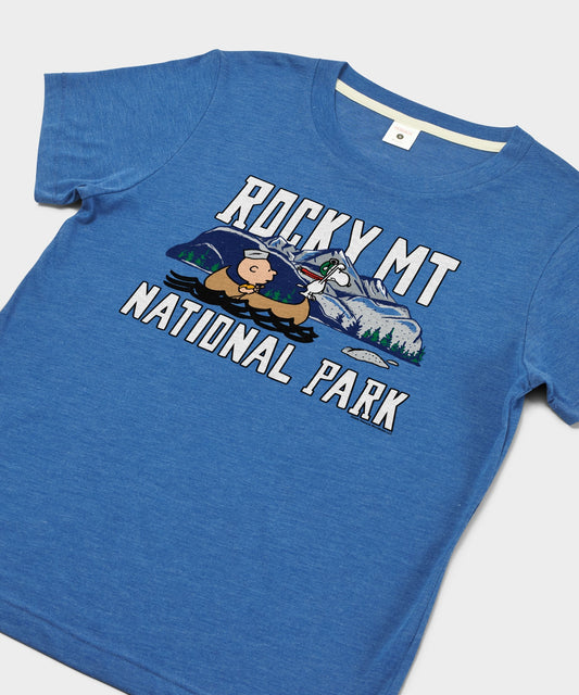 Royal blue women's t-shirt featuring Charlie Brown and Rocky Mountain National Park graphic on the front-1