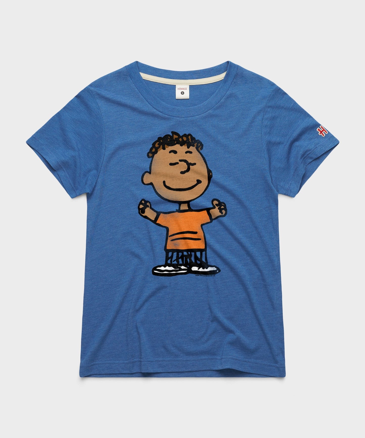Royal blue crew-neck t-shirt featuring a graphic of Franklin from Peanuts centered on the front chest