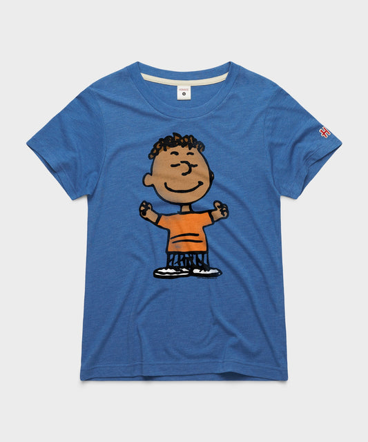 Royal blue women's t-shirt featuring a graphic of Franklin from Peanuts centered on the front-0