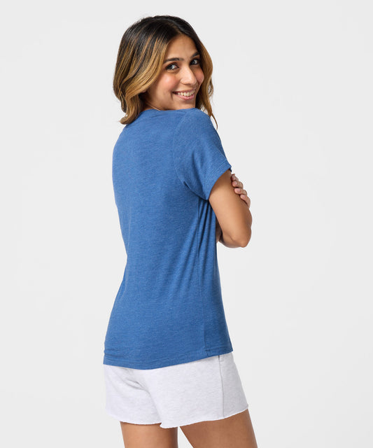 Royal blue women's t-shirt featuring a graphic of Franklin from Peanuts centered on the front-3